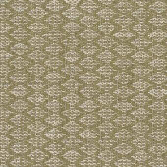 Mariani Syros fabric sample, olive green and beige geometric weave, dense irregular shapes with textured horizontal and vertical threads.