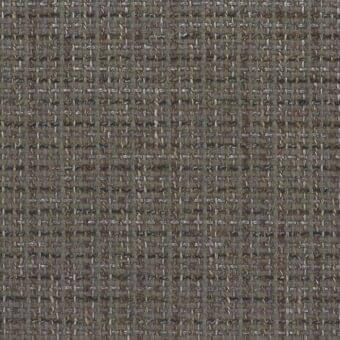 Woven fabric sample, muted gray-brown tone, heathered texture with darker brown, charcoal, and beige threads, dense grid-like weave pattern.
