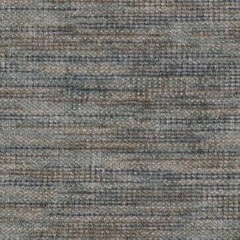 Woven fabric sample, muted gray and brown stripes, dense horizontal pattern with subtle blue, textured nubby surface for upholstery.