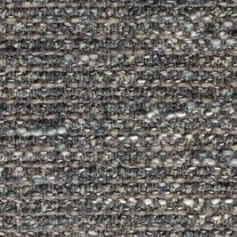 Woven fabric sample, muted gray and beige, speckled texture with horizontal and vertical threads, irregular knots, studio lighting.