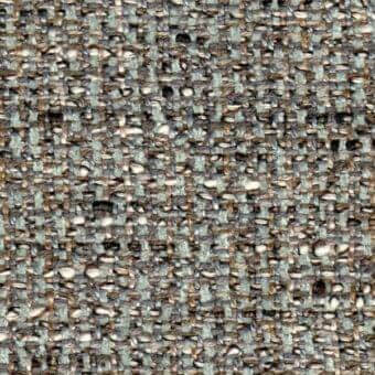 Gray-blue tweed fabric texture with beige and brown threads, dense irregular weave, speckled heathered pattern, and visible knots.