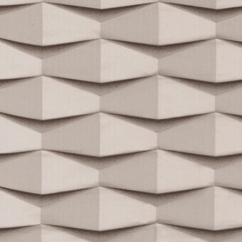 Grey geometric fabric sample with a repeating triangular pleated pattern, displaying a subtle sheen and “belmondo” branding with product codes.