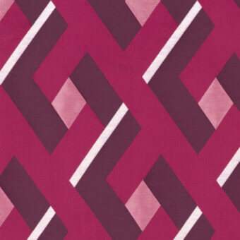 Geometric textile pattern in shades of red and pink with intersecting rectangles, squares, and diagonal off-white stripes on a smooth fabric.