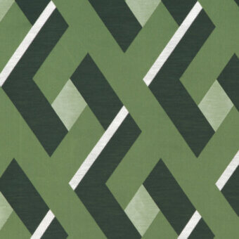 Geometric green pattern with diagonal dark green rectangles, lighter green lines, and off-white accents on a muted olive background.