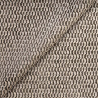 Woven fabric swatch, grey and black, repeating square motifs with “belmondo” text and product codes, matte texture, studio lighting.