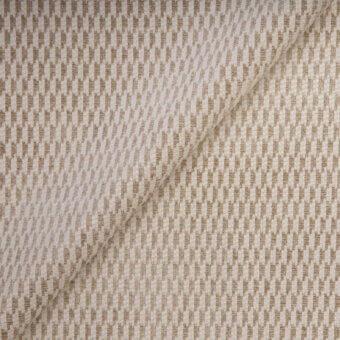 Belmondo fabric swatch, sand mixture bm 44, dense geometric weave of beige, tan, and brown rectangular blocks with a matte, textured finish.
