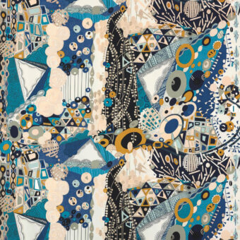 Belmondo fabric, geometric abstract, layered blues, creams, ochre yellows, dense shapes, vertical black element, digitally printed textile.