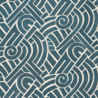 Interlocking wave pattern in teal and cream, featuring parallel lines and curved forms, creating a textured, dynamic surface with Art Deco influence.