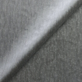 Grey corduroy fabric swatch displayed diagonally, featuring a fine vertical rib texture and matte finish, labeled “belmondo bm 32”.