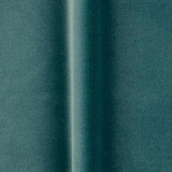 Teal velvet fabric swatch with a smooth pile, vertical fold, and printed “bellavista > fabrics > cat c > o vc 719” label on a gray background.