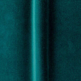Teal fabric sample with metallic sheen, featuring a vertical fold and smooth woven texture against a dark background.