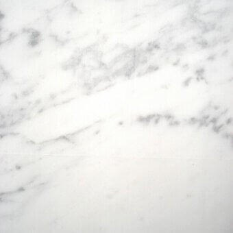 Carrara marble texture with white background and grey veining, displaying irregular swirling patterns and a polished sheen, horizontally bisected.