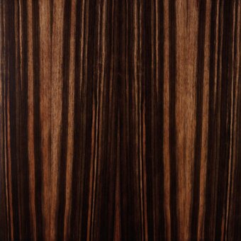 Bellavista ebonized wood veneer displaying a vertical grain pattern with dark brown and golden-brown bands, featuring a glossy, undulating figure.