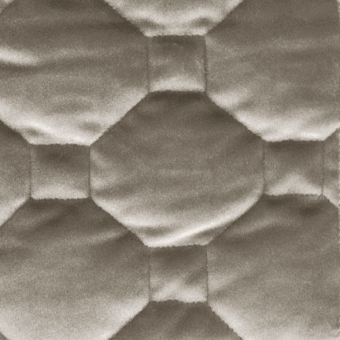 Velvet fabric sample “b1 – pandora pv 073” displays a quilted diamond grid of rounded petals in muted warm gray, with a subtle sheen.