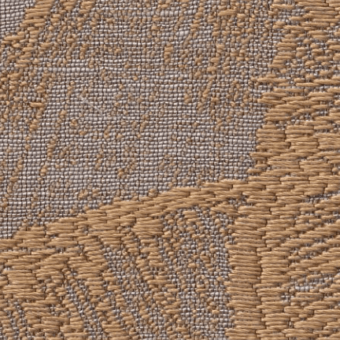 Woven fabric texture, muted gray and golden-brown, geometric curved stitched lines forming floral motifs, dense irregular nubby weave.