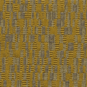 Woven fabric sample, mustard yellow and gray, with tight horizontal ridges and an irregular linear texture from Bizzotto cushions collection.