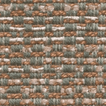 Woven fabric texture with irregular grid pattern in sage green, terracotta brown, and off-white; horizontal bands, chunky weave, Bizzotto collection.
