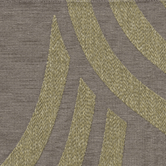 Stylized leaf pattern fabric swatch in muted gold-olive and gray-brown, featuring a woven texture with overlapping, curved motifs.