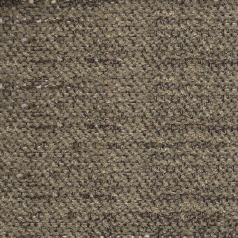 Olive green woven fabric sample with heathered beige, gray, and brown flecks; dense, nubby texture with matte finish and discreet label.
