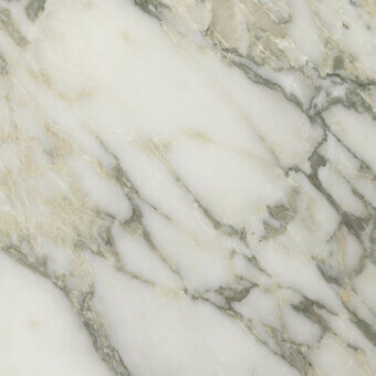 Carrara marble texture with white base, irregular green and gray veins, polished surface, layered composition, and subtle tonal variations.