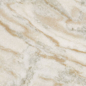 Karibib marble texture with white base and diagonal veins of tan, beige, and gray, polished finish displaying granular crystalline structure.