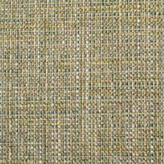 Woven fabric sample, sage green and yellow melange, dense grid texture with matte finish, displaying vertical and horizontal threads.