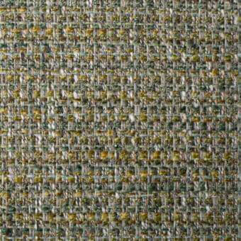 Olive-green woven fabric sample with mustard, teal, and gray flecks; dense, irregular texture with visible threads from Bonaldo collection.