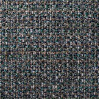 Stuoia fabric sample, teal and brown heathered weave, dense irregular texture with matte finish, flecks of olive green, model 8d95.