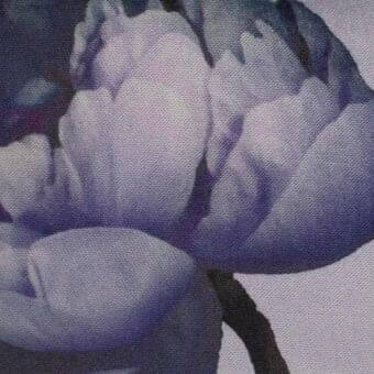 Caravaggio EB23 fabric detail, lavender and gray floral print, featuring textured peony blooms with overlapping petals and subtle shading.