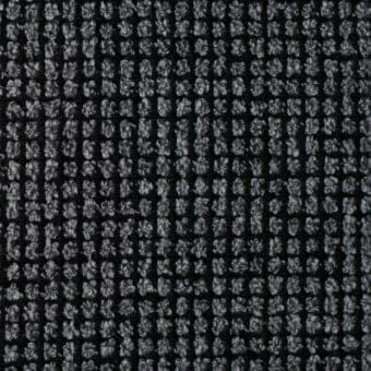 Brionne fabric sample, muted gray woven textile, repeating circular pattern with dark linear grid, looped pile texture.