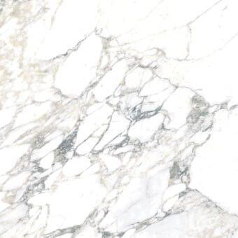 Calacatta ceramic texture with white base, grey and charcoal veining, and subtle gold highlights, displaying a polished, marbled pattern.