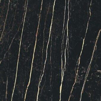 Dark ceramic material “Laurent” by Bonaldo features vertical golden-yellow veins with a polished, marbled texture and smooth, dense surface.