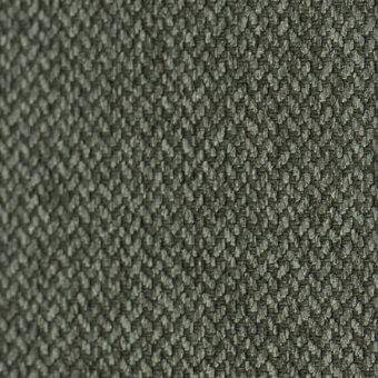 Olive green fabric sample displaying a dense, nubby weave with speckled tonal variations and a complex interlaced thread construction.