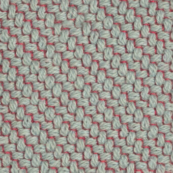Light blue woven fabric with coral red threads, exhibiting a dense grid pattern and square shapes; Kvadrat Coda TKC03 textile sample.