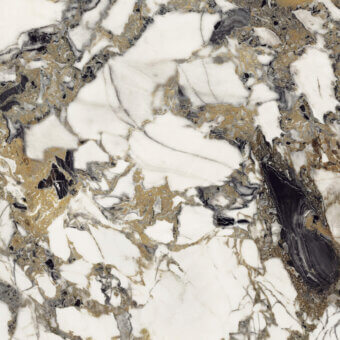 White and gold veined texture with fractured mosaic pattern, black stone inclusions, swirling organic shapes, metallic sheen, and porous surface.