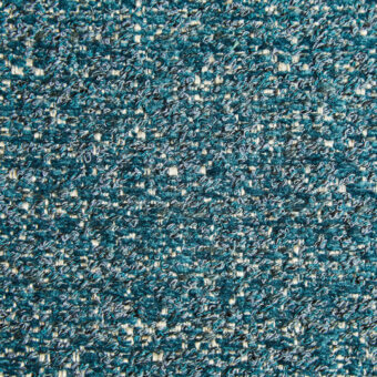Teal tweed fabric texture with cream & gray mélange yarns, dense irregular weave, visible nubby surface, Borzalino Geranio 2130 fabric sample.