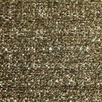 Olive green tweed fabric texture with cream and brown threads, tight irregular weave, matte finish, and fabric identification text.