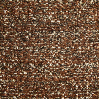 Brown woven fabric sample with beige and cream threads, exhibiting a heathered, nubby texture and visible “borzalino” label.
