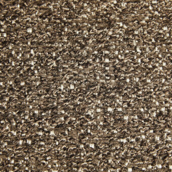 Brown tweed fabric texture with speckled beige and off-white threads, displaying a dense weave and visible “borzalino” fabric identification text.