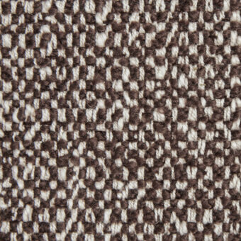 Borzalino tweed fabric sample, muted brown and off-white, dense irregular weave with flecks, matte finish, visible yarn texture.