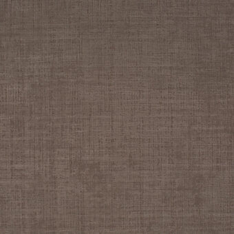 Fabric sample, brownish-gray linen texture, dense weave with subtle tonal variations and printed brand text at the bottom edge.