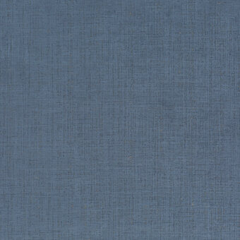 Woven fabric sample, blue-gray tone, irregular grid pattern with light gold metallic threads, matte finish, textile label visible.