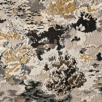 Floral fabric texture, off-white and charcoal gray, with olive green and gold accents, displaying a dense, painterly woven pattern.