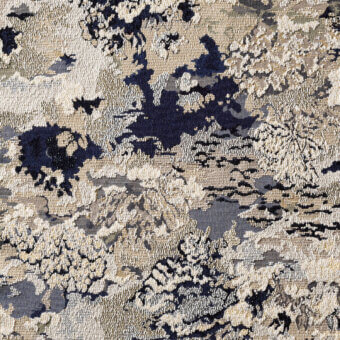 Borzalino fabric sample, beige and navy, abstract woven pattern with irregular shapes and muted color variations.