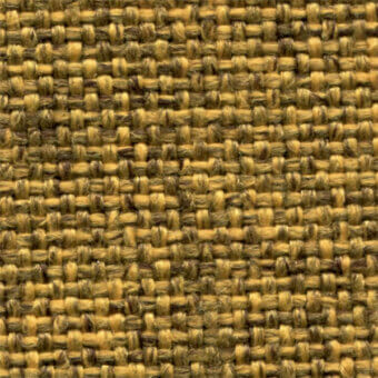 Jute fabric texture displaying a coarse, irregular weave in golden yellow, tan, and brown tones with a visible brand label.