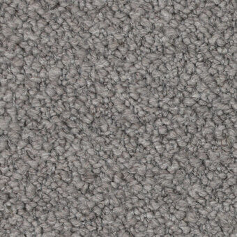 Gray looped pile fabric with orsetto texture, dense short fibers, heathered tonal variations, and a plush, slightly irregular surface.