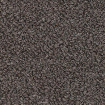 Looped pile fabric in gray-brown with a heathered texture, displaying tight, short loops and a consistent, dense surface; label visible.