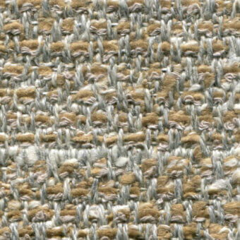 Woven fabric texture, gold-brown and cool gray heathered yarns, dense irregular pattern with raised nubby surface, label reads "bross > fabric".