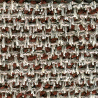Woven tweed fabric texture, off-white and reddish-brown, dense irregular weave with visible knots; “bross > fabric (c) savanna > col. 622” text.