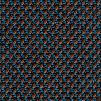 Woven fabric texture, dark brown and teal blue, repeating vertical loop pattern with horizontal grid, dense nubby weave.